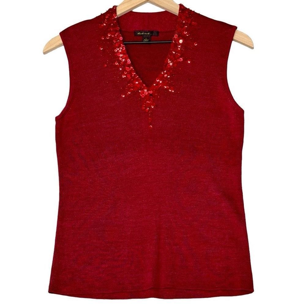 Think Tank 100% Silk Embellished Red Sequin Beaded Sleeveless V-Neck Top Size L​